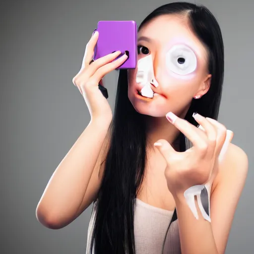 Prompt: young girl with too much plastic surgery on her face, selfie, 8 k, 4 k, 6 4 megapixel, ring light, blurred background