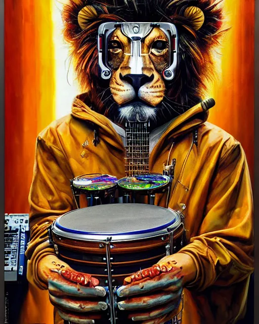 Image similar to a portrait of an anthropomorphic cyberpunk lion playing congas by sandra chevrier, by jon foster, detailed render, tape deck, epic composition, cybernetics, 4 k realistic, cryengine, realistic shaded lighting, sharp focus, masterpiece, by enki bilal