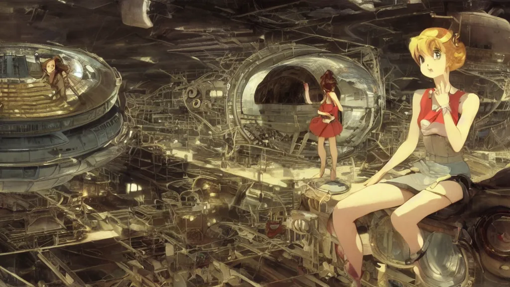Prompt: a film still of a 1 9 5 0's mechanic anime girl sitting on top of flying ufo landing in hangar of giant ufo spaceship, finely detailed features, full body mid shot, perfect art, trending on pixiv fanbox, painted by gaston bussiere, makoto shinkai, akihiko yoshida, gaston bussiere, craig mullins, studio ghibli