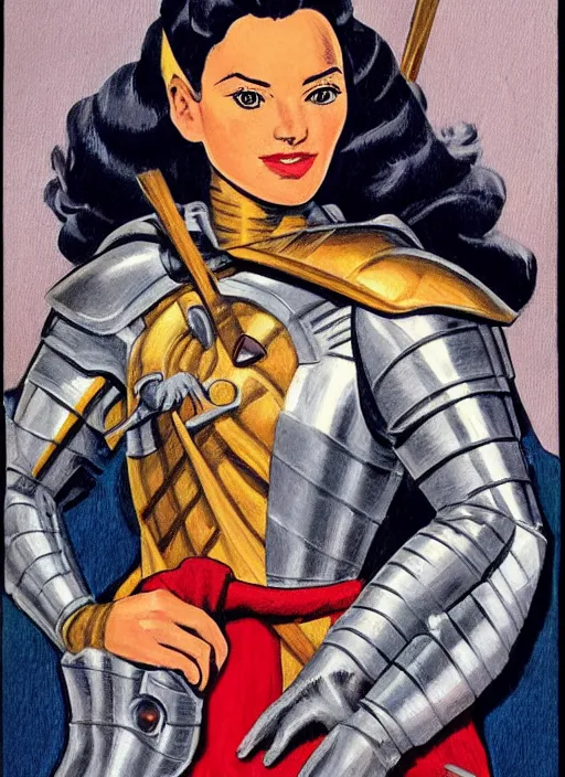 Image similar to head and shoulders portrait of a female knight. well composed, clean elegant painting, beautiful detailed face. comic book art by steve ditko and jack kirby