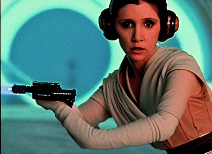 Image similar to glamour portrait of Princess Leia, played by Carrie Fischer, lightsaber training on beach planet, iconic scene from the 1980s film directed by Stanley Kubrick, kodak stock, cinematic lighting, hyper real, stunning cinematography, with anamorphic lenses, crisp, detailed portrait, 4k image