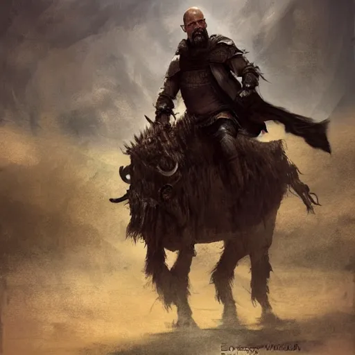 Image similar to Walter white as a dark fantasy warrior riding an armored yak, made by Greg Rutkowski