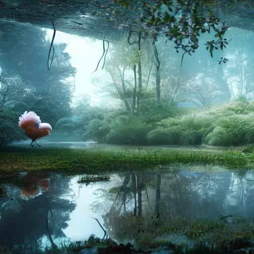 Prompt: soft painting rooster reflection refraction world synthwave ruins ponds alien vegetation, accurate features, focus, very intricate ultrafine details, black autumn, dense fog, award winning masterpiece, octane render 8 k hd, fantasy