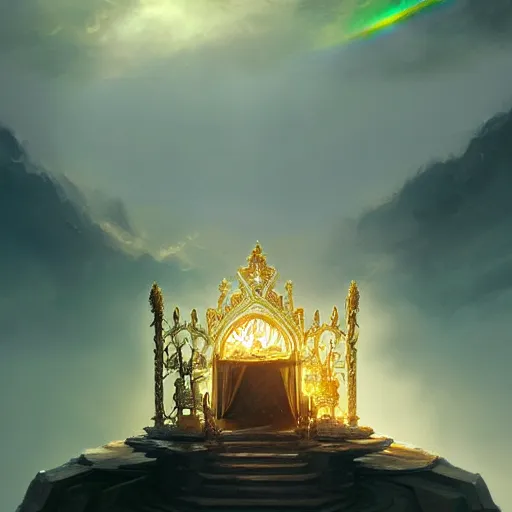 Image similar to a throne in heaven. On the throne sat someone who shone like a diamond or a ruby. Around the throne, a rainbow shone like an emerald. ,digital Art, hiperrealist Detailed, cinematographic, artstation Greg rutkowski