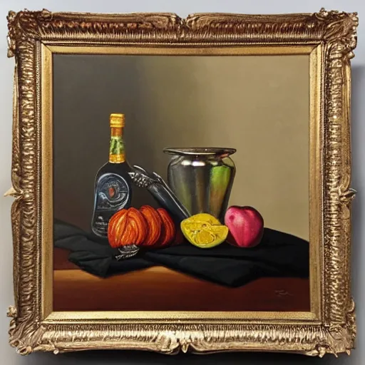 Prompt: a monochromatic nature morte painting in a flashy frame