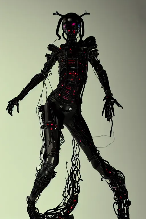 Image similar to full-body cyberpunk style sculpture of a young beautiful dark priestess, half android with a head opening exposing circuitry. glowing red eyes, black roses, flowing blood-red colored silk. fabric, candles. baroque elements. human skull. full-length view. baroque element. intricate artwork by Caravaggio. crows flying in background. Trending on artstation, octane render, cinematic lighting from the right, hyper realism, octane render, 8k, depth of field, 3D