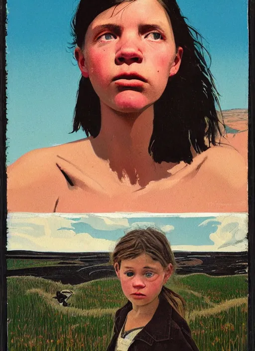 Image similar to composition by justine kurland, an extreme up - close portrait of a girl looking slightly down to the rigjt in a scenic representation of mother nature and the meaning of life by billy childish, thick visible brush strokes, shadowy landscape painting in the background by beal gifford, vintage postcard illustration, minimalist cover art by mitchell hooks