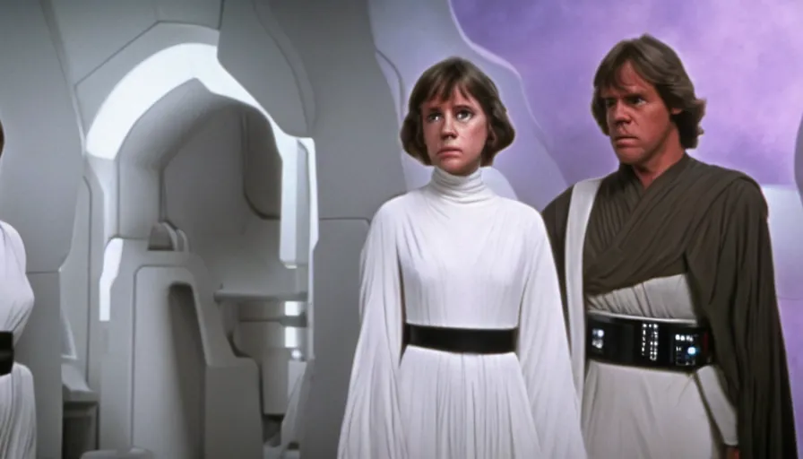 Image similar to screenshot portrait of Luke Skywalker and Princess Leia, facing off against an incredibly haunting female sith lord in white, on a sith planet of purple magic maelstrom, iconic scene from the 1970s sci fi thriller film by Stanley Kubrick, HR Geiger, stunning cinematography, hyper-detailed, sharp, anamorphic lenses, kodak color stock, 4k, stunning