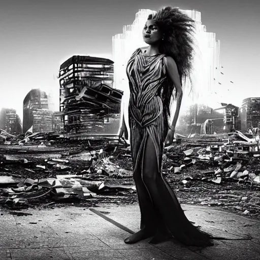 Image similar to highly detailed, black and white, androgynous goddess with flowing hair made of wired and a glowing see through vail type dress, in the background is the remnants of a abandoned modern city falling apart, lifeless and dead