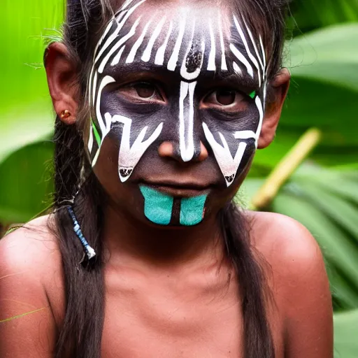 Prompt: portrait of yanomamo girl with tribal face painting in rainforest