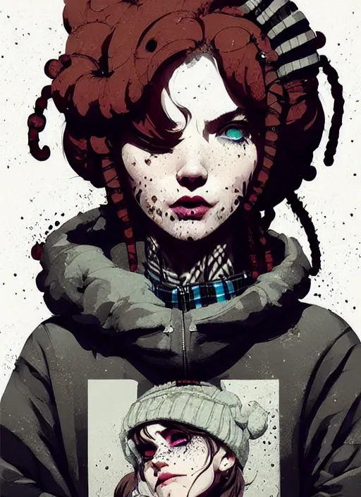 Prompt: highly detailed portrait of a sewer punk lady, tartan hoody, ringlet hair by atey ghailan, by greg rutkowski, by greg tocchini, by james gilleard, by joe fenton, by kaethe butcher, gradient grey, black, cream and white color scheme, grunge aesthetic!!! ( ( graffiti tag wall background ) )