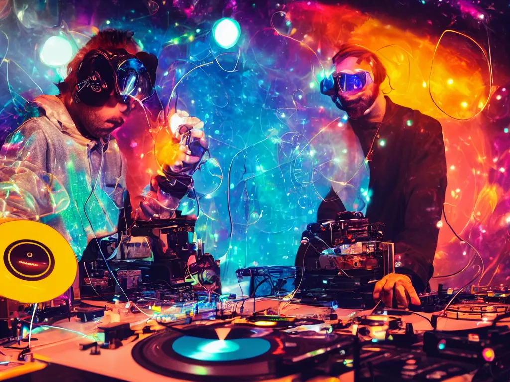 Image similar to a person wearing goggles and visor and headphones using a retro record player contraption, hologram, turntablism dj scratching, light trails, screens, smoky atmosphere, intricate planetary gears, cinematic, imax, sharp focus, leds, bokeh, iridescent, black light, fog machine, hazy, lasers, hyper color digital art