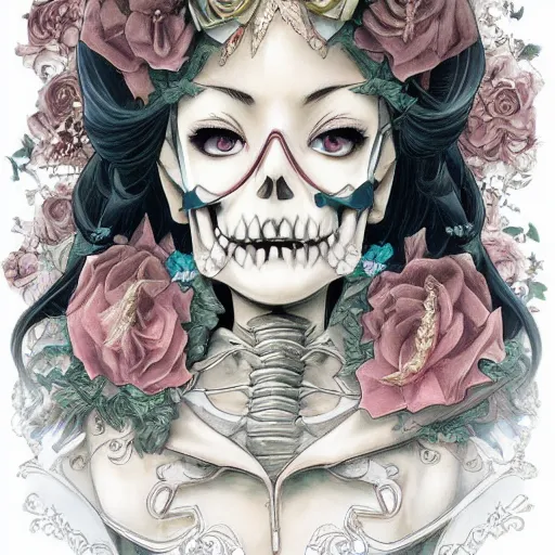 Prompt: anime manga skull portrait young woman, cinderella, Disney, fairy, skeleton, intricate, elegant, highly detailed, digital art, ffffound, art by JC Leyendecker and sachin teng
