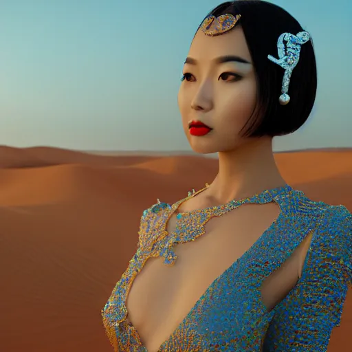 Prompt: innovative avant-garde art, deco fashion, asian women, wearing blue, highly detailed, photorealistic portrait, serene desert setting, golden hour, crisp quality and light reflections, unreal engine 5 quality render