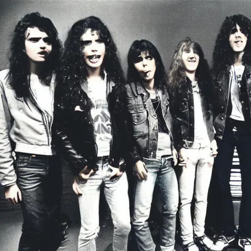 Prompt: Group of 19-year-old boys and girls with long permed wavy brown hair, leather jacket and denim jeans, holding electric guitars, 1987, thrash metal, heavy rock, super 8mm film
