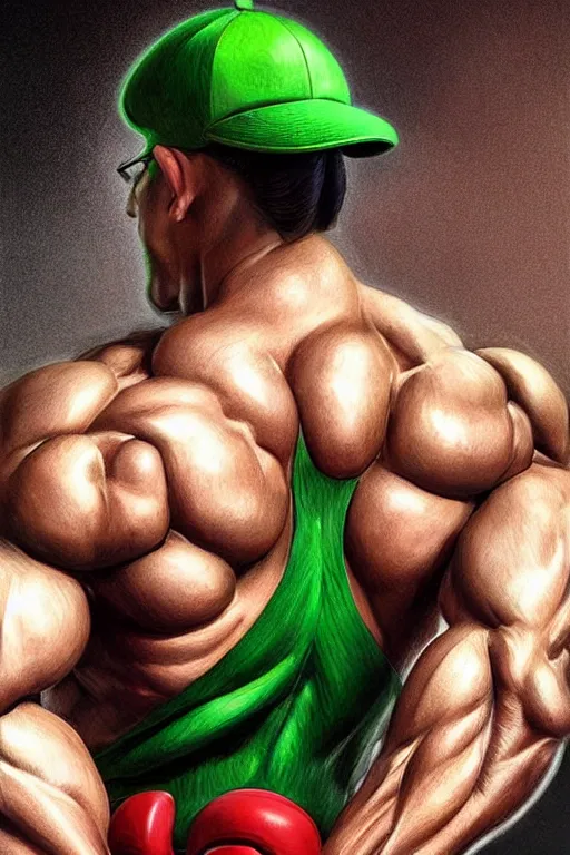 Image similar to muscular luigi wearing a green jumpsuit by ilya kuvshinov, bodybuilder ernest khalimov, super mario bros symmetrical face concept art, hyper realistic, intricate, elegent, highly detailed, digital painting, concept art, smooth, sharp, focus, illustration, art by artgerm and greg rutkowski and alphonse mucha, artstation