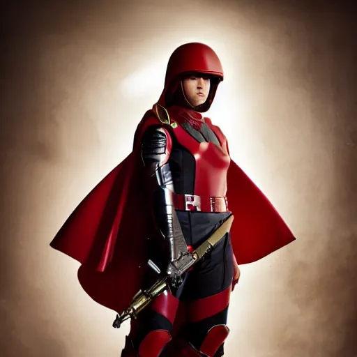 Prompt: a young female soldier, no makeup, wearing glossy sleek white bloodstained dinged scuffed armor and a long torn red cape, heroic posture, determined expression, elegant, no helmet, on the surface of mars, dramatic lighting, cinematic, sci-fi, hyperrealistic, detailed