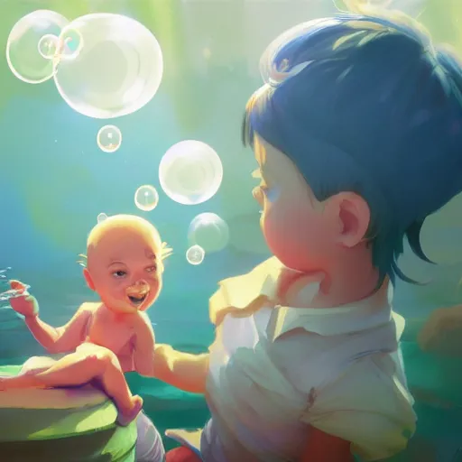 Image similar to happy toddler with bubbles, behance hd by jesper ejsing, by rhads, makoto shinkai and lois van baarle, ilya kuvshinov, rossdraws global illumination