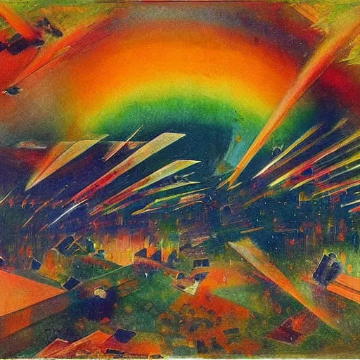 Prompt: ghostly, calm rainbow by c. r. w. nevinson, by jean - paul riopelle. a beautiful conceptual art of a space battle with wild, bright colors.
