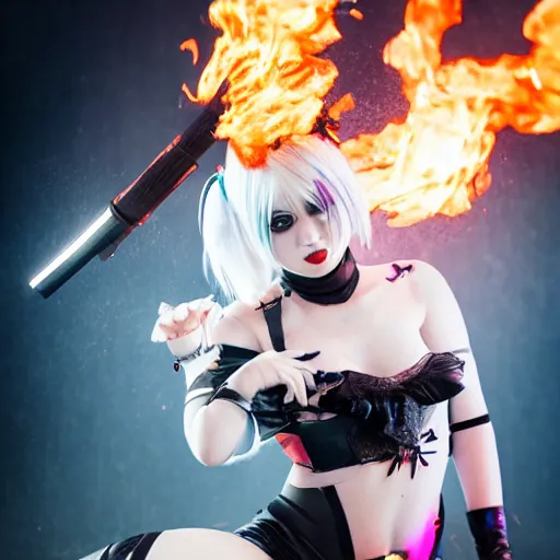 Image similar to photo of Harley Quinn as 2B nier automata, fire in background, bokeh, medium full shot, highly detailed skin and detailed face, flares, multicolor smoke