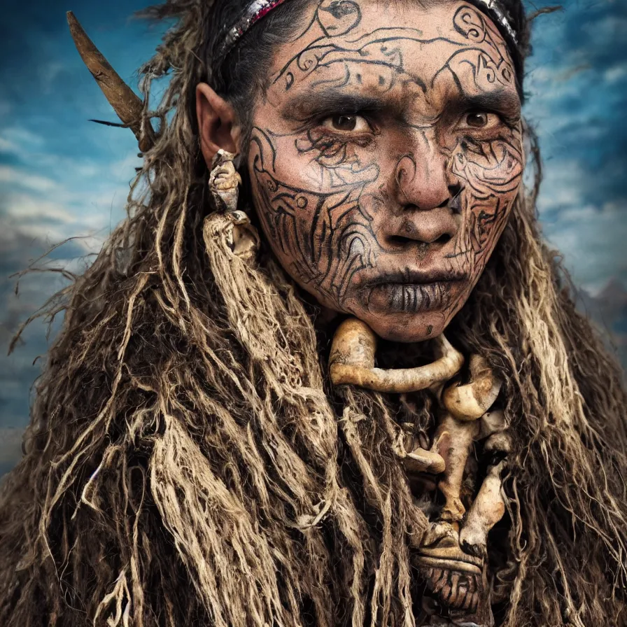 Image similar to extremely detailed award winning national geographic face portrait photography uncut centered and realistic from ancient mayan elder shaman warrior with terrifying face tattoos and heavy bone piercings . 64megapixel. 4k 8k. Photorealistic artwork. Influenced by the movie apocalypto. Landscape background what is slightly blurry and windy.