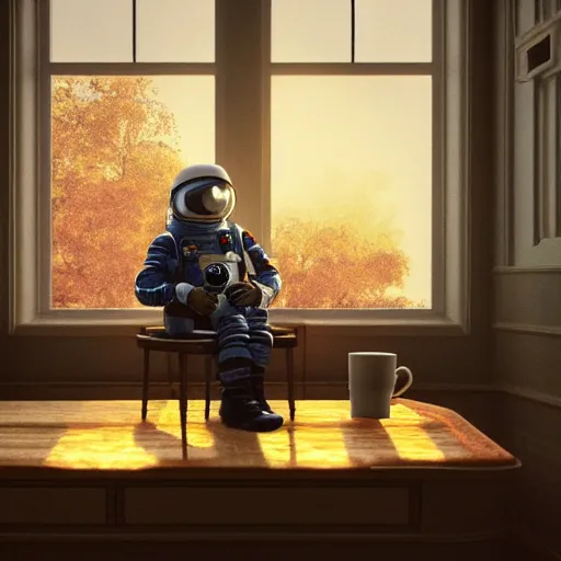 Image similar to a single cosmonaut in a spacesuit drinks a steaming cup of tea at an old wooden desk in a richly decorated Victorian house. the autumn light comes in through a window and dimly illuminates the room, diffuse light, octane render