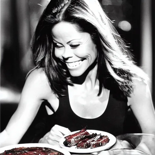 Prompt: Brooke Burke eating bbq ribs, closeup, intricate, elegant, highly detailed, photographed by ansel adams, sharp focus, black and white photography