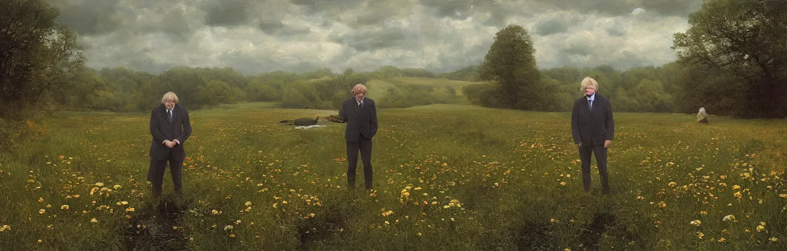 Image similar to A meadow with Boris Johnson standing in the middle of a stream, wide landscape, illustration, detailed, smooth, soft, warm, by Adolf Lachman, Shaun Tan, Surrealism