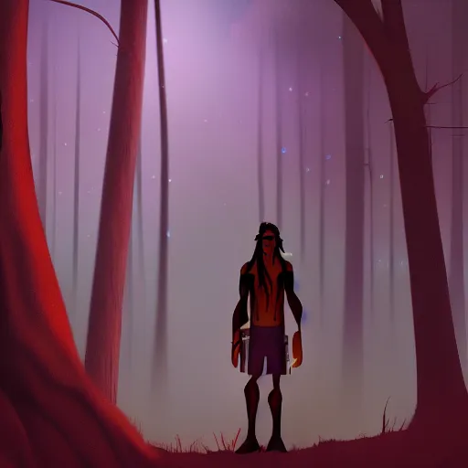 Prompt: medium shot native american man, in a dark forest, mysterious, backlit, still from a pixar dreamworks movie, trending on artstation