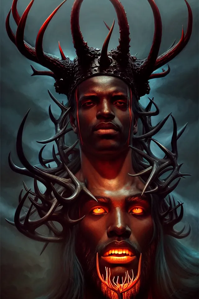 Image similar to a striking portrait of an eldritch black god king with black antlers and a burning horned crown on his head by moebius and ross tran and beksinski, trending on artstation, digital art, 4 k resolution, detailed, high quality, sharp focus, hq artwork, insane detail, volumetric lighting, character concept art, fine details, clear face