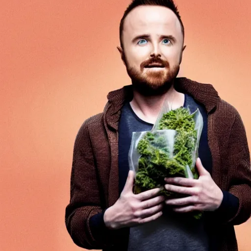 Aaron Paul holding up a bag of weed as Jesse Pinkman | Stable Diffusion