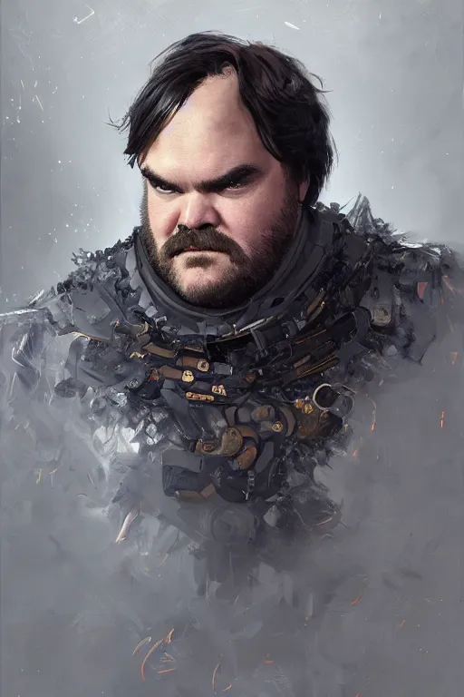 Image similar to a fancy portrait of jack black as a humanoid robot by greg rutkowski, sung choi, mitchell mohrhauser, maciej kuciara, johnson ting, maxim verehin, peter konig, bloodborne, 8 k photorealistic, cinematic lighting, hd, high details, dramatic, dark atmosphere, trending on artstation