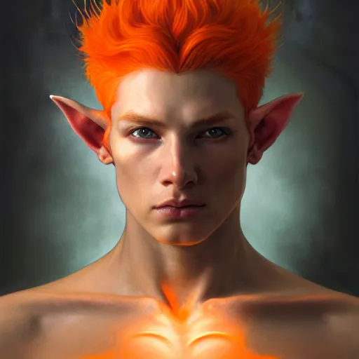 Image similar to portrait painting of an elven young man with short light orange hair and tribal tattoos on cheekbones wearing fur armor, ultra realistic, concept art, intricate details, eerie, highly detailed, photorealistic, octane render, 8 k, unreal engine. art by artgerm and greg rutkowski and charlie bowater and magali villeneuve and alphonse mucha
