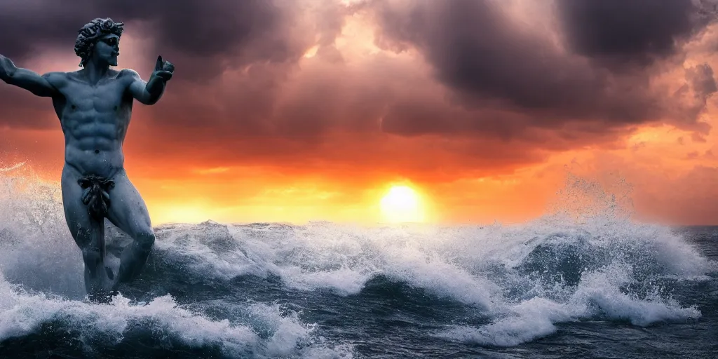 Prompt: a photograph of a marble Poseidon statue emerging from a stormy sea at sunset, photo-realistic, very beautiful, ultra-detailed, 4k