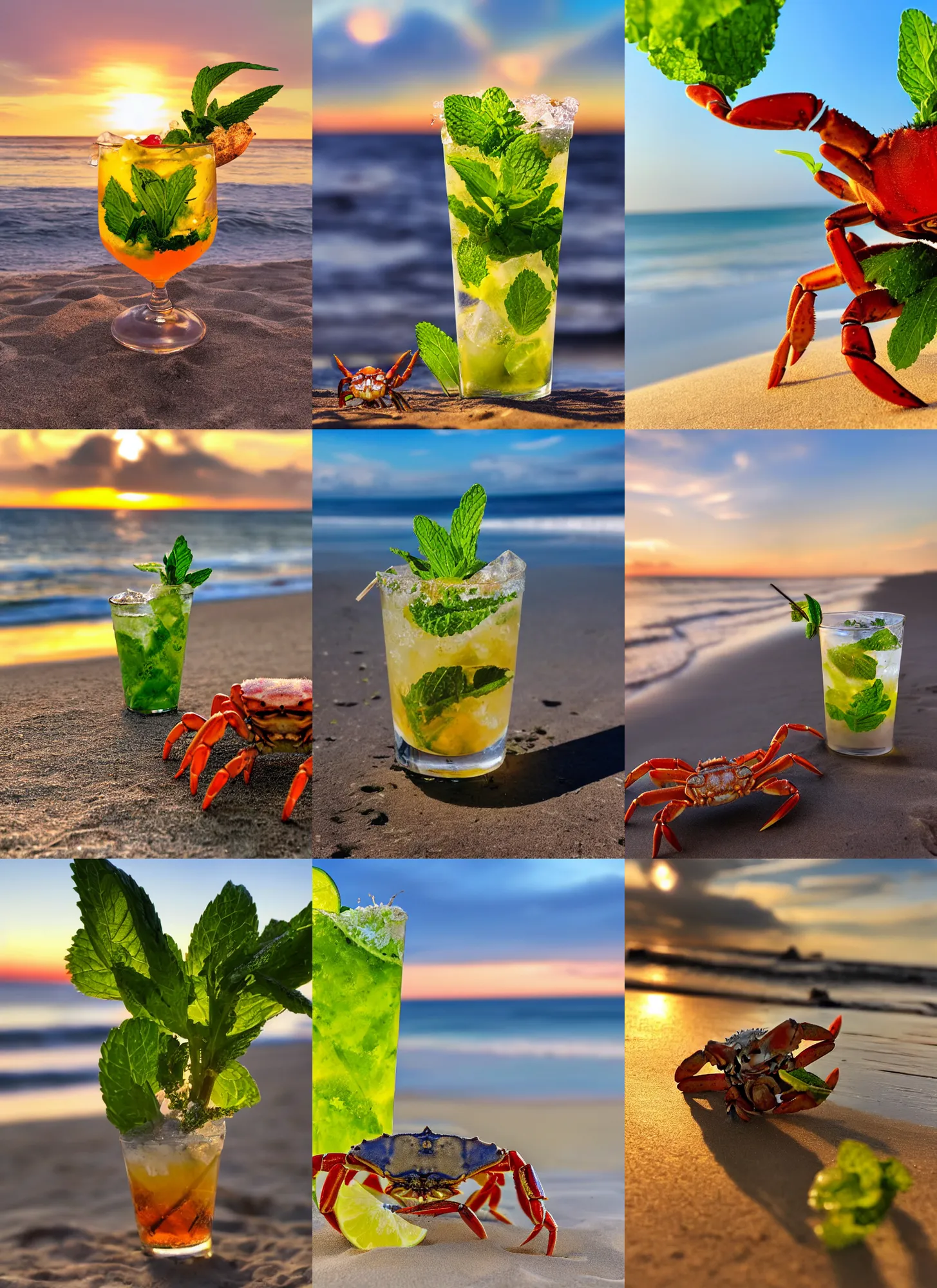 Prompt: photo of a crab drinking a mojito at the beach, golden hour, Breathtaking, 8k resolution, extremely detailed, beautiful, establishing shot, artistic