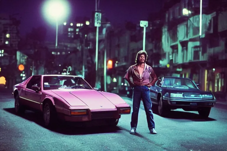 Image similar to 80s dressed Kurt Russel posing and in the background there two 80s sports cars parked on a deserted city street at night time, purple lighted street, wide angle, cinematic, retro-wave vibes, grainy, soft motion blur
