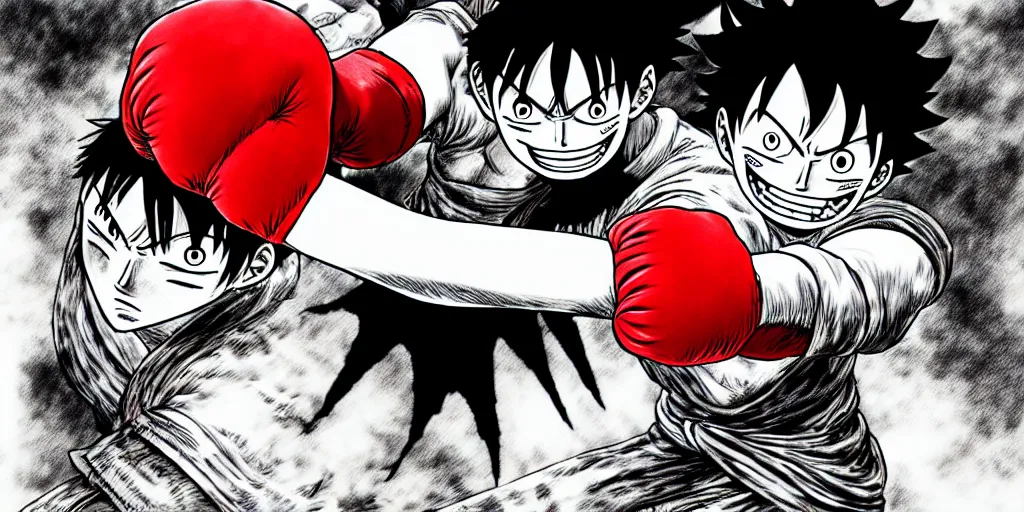 Prompt: luffy punch, berserk, 4 k resolution, comic style ， by miura kentaro, ultra detailed,