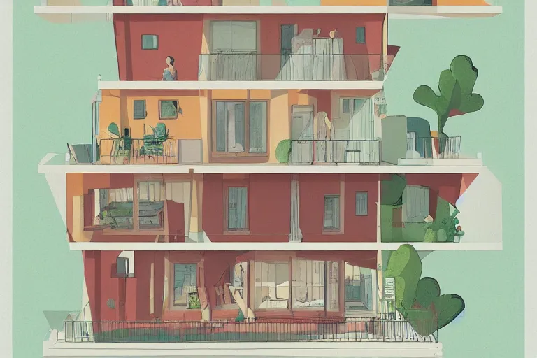 Prompt: a beautiful flat 2 dimensional illustration of a cross section of a house, view from the side, a storybook illustration by muti, colorful, minimalism, featured on dribble, behance hd, dynamic composition