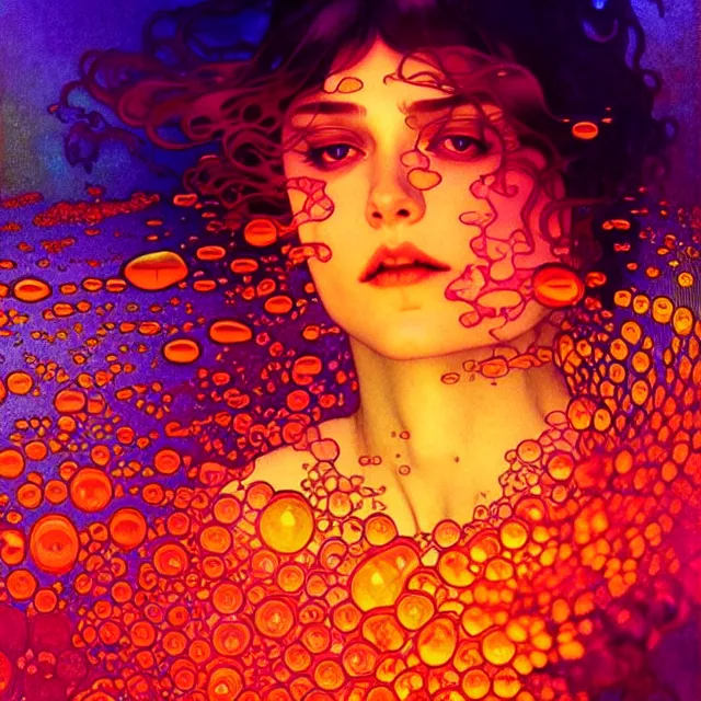 Image similar to mind bending sapphire ocean waves of glossy psychedelic liquid honey drops flowing like kaleidoscopic translucent amber, lsd waves, psychedelic ripples, crystal clear, backlit, sunset, refracted lighting, art by collier, albert aublet, krenz cushart, artem demura, alphonse mucha