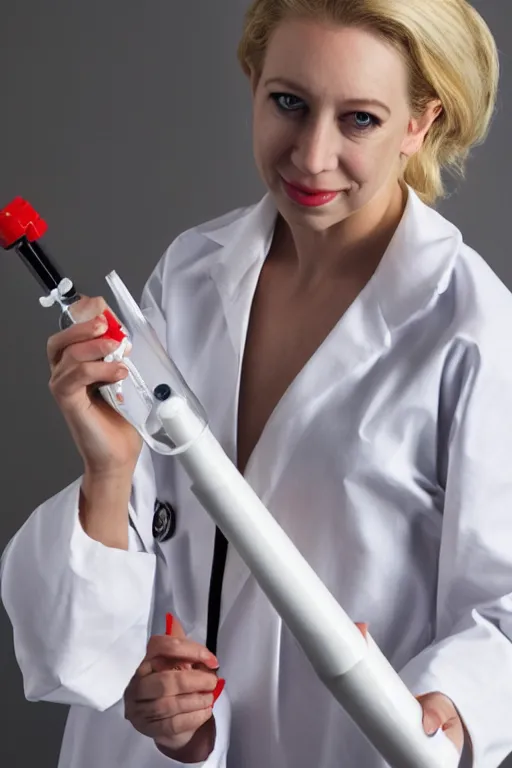 Prompt: elizabeth holmes as a psychopath nurse holding a giant syringe, cosplay, studio lighting, marvel, villainess