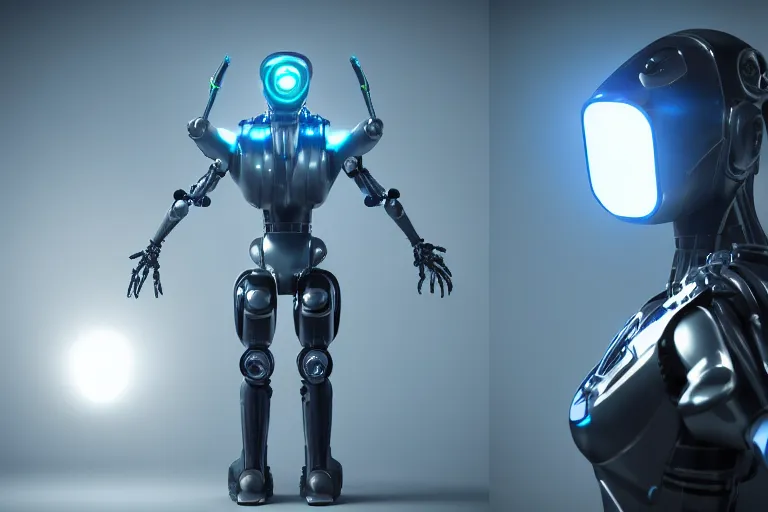 Image similar to cyberpunk alien concept inspired robot, futuristic look, highly detailed body, very powerful, photorealistic camera shot, bright studio setting, studio lighting, crisp quality and light reflections, unreal engine 5 quality render