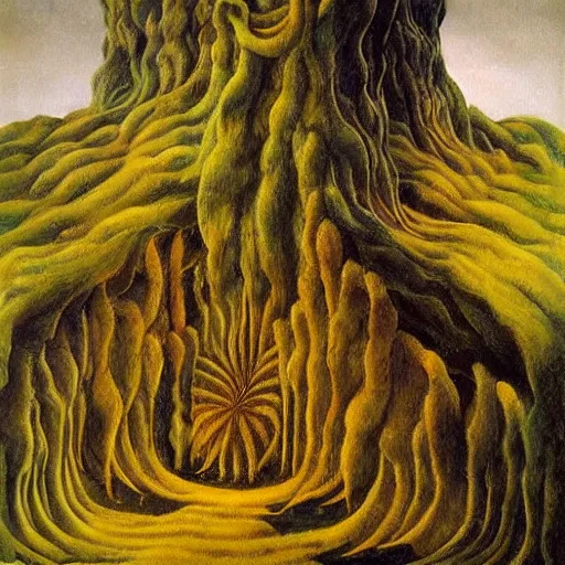 Prompt: painting of a lush natural scene on an alien planet by remedios varo. beautiful landscape. weird vegetation. cliffs and water.