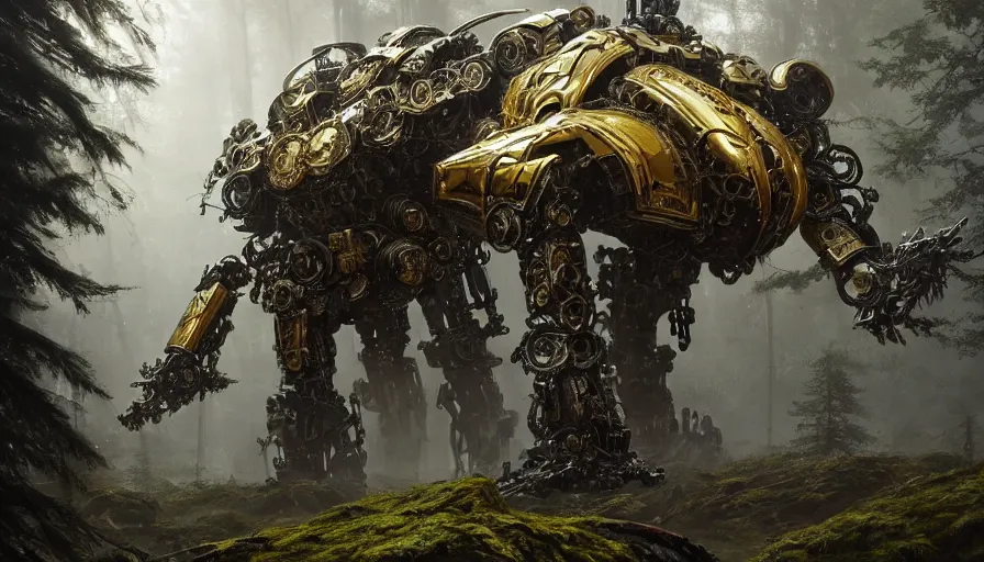 Image similar to large walking mech covered in gold and silver armor with elden ring aesthetic, covered in moss and birds, glowing lights, beautiful forests and trees, intricate detail, epic wallpaper, art by darek zabrocki and John Park and Feng Zhu and Jason Chan, trending on artstation, masterpiece.