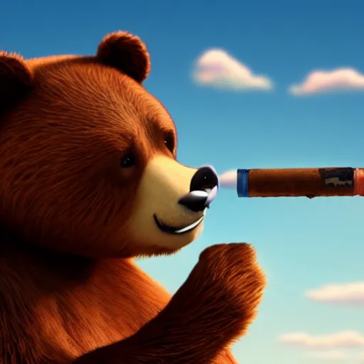 Image similar to a bear smoking a joint, pixar style, 4 k