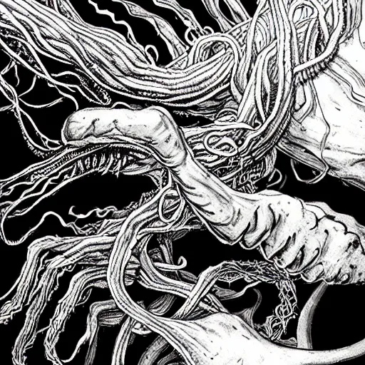 Image similar to a hyper detailed filmic wide shot 30mm color film photograph of a bundle of a dangerous gorey shape shifting alien creaturing spewing long worm-like spiney tendrils out of its snarling mouth, the tendrils are strangling and smothering a male 70-year-old doctor wearing a lab coat under dreary fluorescent lights, the walls are splattered with ketchup in the style of an HD horror film still from 1982