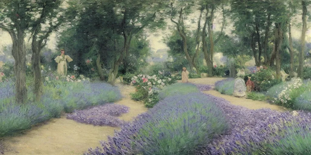 Prompt: enchanted garden, lavender and teal, pathway, flowers, high detail, matte painting, naturalism, by Émile Friant,