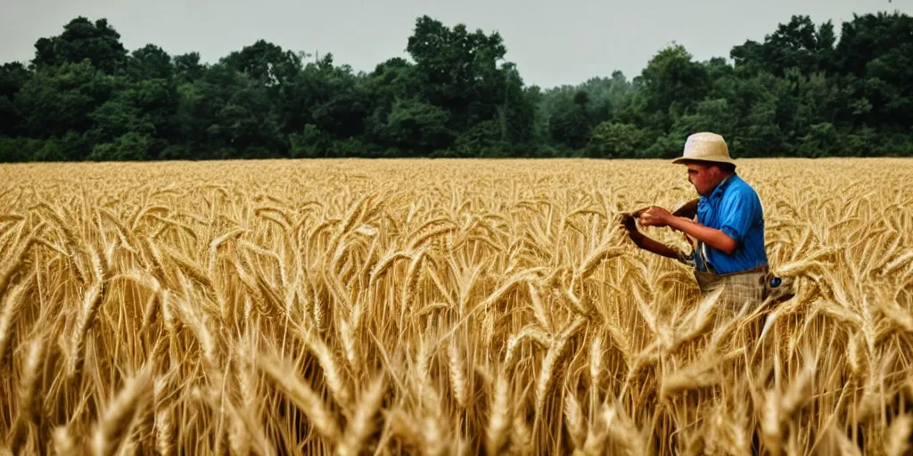 Image similar to a beautiful view of a farmer working in wheat field and there is a beautiful jungle behind the field, professional photography