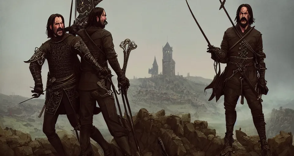 Image similar to john wick and Simon peck as medieval bowmen, standing on a gothic style castle wall, overlooking a bloody battlefield in the background, trending on artstation, artwork in style of peter mohrbacher, unreal engine, octane render, intricate details, 8k high definition, beauriful, ornate, hyperrealistic