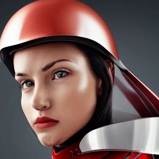 Image similar to headshot of a beautiful female soldier, no makeup, in glossy sleek white armor and a long red cape, looking up at camera, determined expression, no helmet, on the surface of mars, cinematic, sci-fi, hyperrealistic, detailed