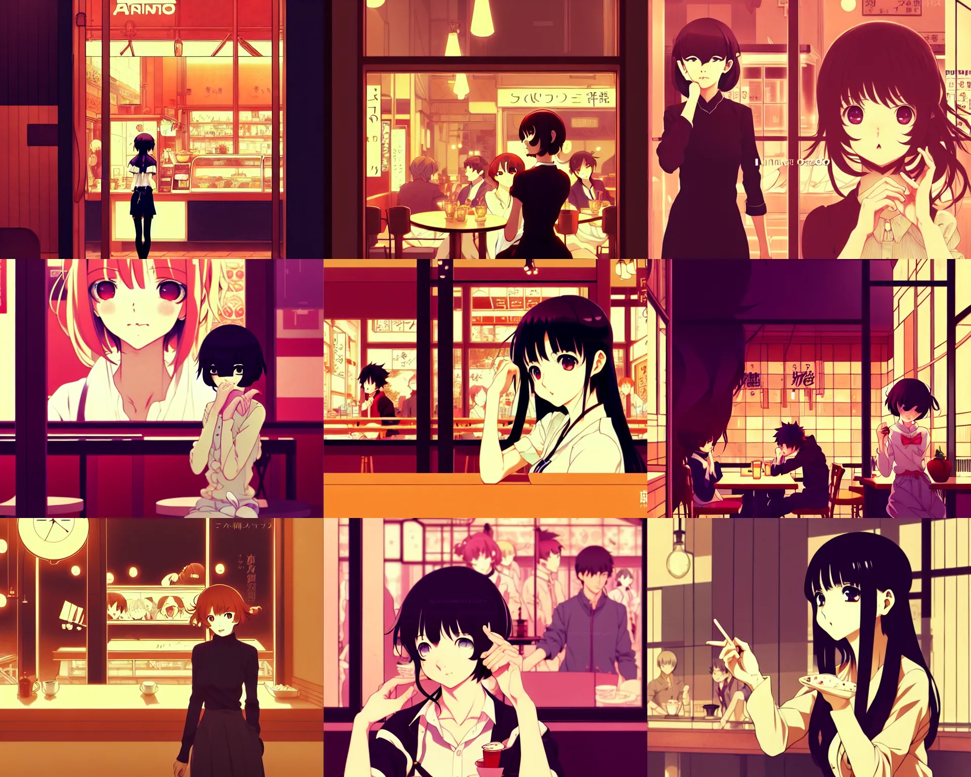 Prompt: anime frames, anime visual, portrait of a portrait of a young woman visiting a busy cafe interior at night, cute face by ilya kuvshinov and yoh yoshinari, katsura masakazu, mucha, dynamic pose, dynamic perspective, strong silhouette, anime cels, rounded eyes, smooth facial features